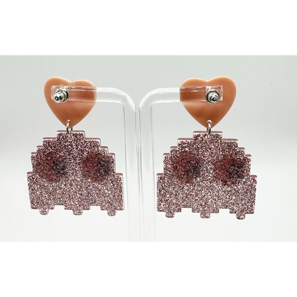 Pink Glitter Pixel Ghost Heart Drop Earrings - Unbranded - Picture 3 of 4